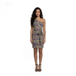 Multi-colored Leopard Print One-shoulder Dress w/ braided tie belt
